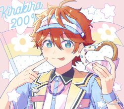  +_+ 1boy ahoge akehoshi_subaru bead_bracelet beads blue_eyes blush bracelet churro closed_mouth commentary ensemble_stars! ezeu2544 flag food hair_between_eyes highres holding holding_churro holding_food index_finger_raised jacket jewelry lapels male_focus multicolored_jacket multicolored_shirt notched_lapels open_clothes open_jacket orange_hair pointing pointing_at_self short_hair smile solo star_(symbol) tongue tongue_out upper_body visor_cap wristband 