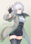  1girl animal_ears breasts cat_ears cat_girl chest_jewel clothing_cutout core_crystal_(xenoblade) crystal diamond_cutout fingerless_gloves gloves highres jacket looking_at_viewer medium_breasts messy_hair na&#039;el_(xenoblade) romper short_hair shorts simple_background smile solo thigh-highs thighs waving wide_sleeves xenoblade_chronicles_(series) xenoblade_chronicles_3 xenoblade_chronicles_3:_future_redeemed yanagimachi yellow_eyes 