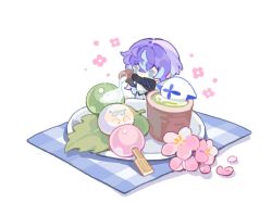  1boy blanket chibi cup dango flower food ghost green_eyes highres hoshirube_sho hoshirube_sho_(1st_costume) in_container in_cup male_focus multicolored_hair nijisanji otomo_(hoshirube_sho) oversized_food oversized_object pants pink_flower plaid_blanket pouring purple_hair sanshoku_dango shirt shuxingbuming_moxiaobai simple_background solo streaked_hair twitter_username virtual_youtuber wagashi white_background white_pants white_shirt 