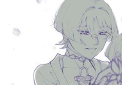  1boy 1girl artist_name blunt_bangs blunt_ends blurry bodysuit covered_collarbone depth_of_field falling_flower flower genshin_impact greyscale hair_flower hair_intakes hair_ornament hand_on_another's_face japanese_clothes kamisato_ayaka kamisato_ayaka_(springbloom_missive) kimono looking_at_another lrw_lrw monochrome motion_blur open_mouth scaramouche_(genshin_impact) shoulder_peek tsurime turtleneck turtleneck_bodysuit variant_set wanderer_(genshin_impact) white_background wispy_bangs 