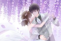  1boy 1girl arm_around_another's_waist arm_around_neck ascot backless_dress backless_outfit bai_qi_(love_and_producer) bare_back bare_shoulders black_hair black_shirt blazer bride brown_eyes brown_hair buttons closed_mouth collared_jacket collared_shirt commentary_request couple cowboy_shot dancing day dress falling_petals flower gloves grey_vest groom hair_flower hair_ornament halter_dress halterneck hetero highres holding_hands husband_and_wife jacket lapels layered_sleeves light_rays long_dress long_sleeves looking_at_another loose_hair_strand love_and_producer medium_hair miqing notched_lapels open_clothes open_jacket outdoors petals pleated_dress pointy_nose protagonist_(love_and_producer) purple_flower shirt short_hair sky smile sunbeam sunlight tuxedo vest wedding wedding_dress white_ascot white_dress white_flower white_gloves white_jacket white_sky wisteria 