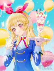  1girl :q aikatsu! aikatsu!_(series) balloon blonde_hair blue_jacket bow commentary english_commentary food food_on_face fork hairband hili_ring holding holding_fork holding_tray hoshimiya_ichigo jacket long_hair long_sleeves looking_at_viewer neck_ribbon parfait red_bow red_eyes red_ribbon ribbon school_uniform shirt sky smile solo starlight_academy_school_uniform strawberry_parfait tongue tongue_out tray upper_body white_shirt winter_uniform 