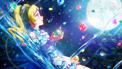  afloat blonde_hair blue_dress blue_gem card_commentary commentary_request dress dutch_angle emily_stewart from_side full_moon game_cg gem green_gem holding holding_gem idolmaster idolmaster_million_live! idolmaster_million_live!_theater_days long_hair lying moon official_alternate_costume official_art on_back profile red_gem third-party_source twintails water 