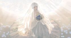  1girl absurdres artist_name blue_flower bouquet bridal_veil closed_mouth collarbone commentary commission dress e.g.o_(project_moon) english_commentary everlasting_(e.g.o) faust_(project_moon) flower full_body gears grey_eyes grey_hair highres limbus_company looking_at_viewer project_moon solo twitter_username veil wedding_dress white_dress white_flower yuishironeko 