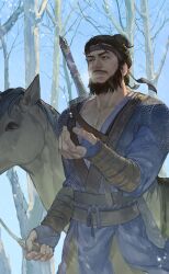  1boy absurdres beard belt black_hair blue_robe brown_belt brown_eyes brown_horse brown_pants chinese_clothes chinstrap_beard closed_mouth facial_hair forest gauntlets hand_up headband highres holding holding_leash hua_bucheng leash lips male_focus mature_male muscular muscular_male mustache nature outdoors pants purple_headband realistic robe short_hair snow solo soul_patch sword sword_on_back upper_body weapon weapon_on_back where_winds_meet yi_dao_(where_winds_meet) 