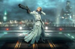  1boy black_gloves blonde_hair blue_eyes blurry blurry_background clouds cloudy_sky coat commentary commission english_commentary final_fantasy final_fantasy_vii final_fantasy_vii_remake fingerless_gloves full_body gloves grey_coat gun hand_on_own_head handgun holding holding_gun holding_weapon long_sleeves looking_at_viewer male_focus outdoors pants parted_lips rufus_shinra short_hair sky solo spykeee standing weapon 