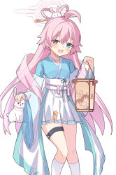  1girl :d absurdres ahoge blue_archive blue_eyes blush character_print chinese_clothes commentary_request fang feet_out_of_frame feixianji_(hairstyle) hagoromo hair_between_eyes hair_ornament hair_rings hair_stick halo hanfu heterochromia highres holding holding_lantern hoshino_(blue_archive) hoshino_(mid-autumn_festival)_(blue_archive) jewelry kk0220 kneehighs lantern leg_ribbon long_hair long_sleeves looking_at_viewer necklace official_alternate_costume official_alternate_hairstyle open_mouth pink_hair pink_halo pleated_skirt rabbit ribbon sash shawl simple_background skin_fang skirt smile socks solo standing thigh_strap very_long_hair white_background white_rabbit_(animal) white_skirt white_socks wide_sleeves yellow_eyes 