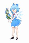  1girl :d absurdres aged_down arin_(fanfan013) bare_legs black_footwear blue_bow blue_dress blue_flower blue_hair blue_wings bow cirno closed_eyes commentary_request detached_wings dress facing_viewer flat_chest flower full_body hair_bow highres holding holding_flower_pot leaf mary_janes morning_glory neck_ribbon open_mouth plant potted_plant puffy_short_sleeves puffy_sleeves red_ribbon ribbon shoes short_dress short_hair short_sleeves simple_background smile solo standing teeth touhou trellis upper_teeth_only vines white_background wing_collar wings 