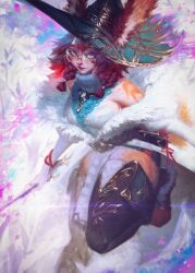  1girl animal_ears aurora_(league_of_legends) bare_shoulders black_thighhighs blue_eyes blurry blurry_background boots bracelet braid breasts brown_hair ears_through_headwear english_commentary freckles fur_trim glasses green_hat hat highres holding holding_wand jewelry league_of_legends looking_at_viewer necklace painterly pelvic_curtain rabbit_ears rimless_eyewear round_eyewear smile solo sophyucha sweater thigh-highs thigh_boots thighs turtleneck turtleneck_sweater twin_braids wand witch_hat 
