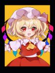  1girl :d absurdres arms_up ascot black_border blonde_hair blush border crossed_bangs crystal enokishima eyebrows_hidden_by_hair fang flandre_scarlet frilled_shirt_collar frills hair_between_eyes hat highres looking_at_viewer mob_cap one_side_up open_mouth outside_border red_eyes red_vest short_hair simple_background skin_fang skirt skirt_set smile solo touhou upper_body vest wings yellow_ascot yellow_background 