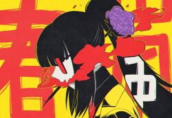  1girl black_hair black_shirt breath collared_shirt contempt_awe_(e.g.o) e.g.o_(project_moon) from_side highres limbus_company long_hair misg1111 n_corp._e.g.o_(identity)_(project_moon) official_alternate_costume ponytail project_moon rectangular_eyewear ryoshu_(project_moon) shirt sidelocks solo suit tinted_eyewear translation_request yellow_background yellow_suit 