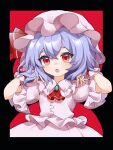  1girl :o absurdres bat_wings black_border blue_hair blush border crossed_bangs dress enokishima eyebrows_hidden_by_hair frilled_shirt_collar frills hair_between_eyes hands_up hat highres looking_at_viewer medium_hair mob_cap open_mouth outside_border red_background red_eyes remilia_scarlet shirt simple_background solo touhou upper_body white_dress white_shirt wings 