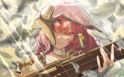  1girl absurdres ambience_synesthesia arknights bridal_gauntlets closed_mouth commentary_request disembodied_hand feathers gun halo highres holding holding_weapon lemuen_(arknights) lemuen_(requiem_vesperis)_(arknights) long_hair looking_at_viewer official_alternate_costume one_eye_covered pink_eyes pink_hair rifle see-through_clothes see-through_veil smile solo sparkle traditional_halo upper_body veil weapon white_veil yui3_yuimi 