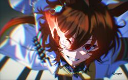  1girl agnes_tachyon_(tach-nology)_(umamusume) agnes_tachyon_(umamusume) animal_ears brown_hair coat eye_trail glowing glowing_eye hair_between_eyes highres horse_ears horse_girl lab_coat light_trail looking_at_viewer medium_hair open_clothes open_coat red_eyes shi_draco simple_background smile solo sweater umamusume white_background white_coat yellow_sweater 