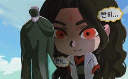  2boys black_hair black_hanfu blue_sky chinese_clothes closed_mouth clouds coat commentary curtained_hair did_you_want_to_talk?_(meme) giant green_hanfu half_updo hanfu highres korean_text layered_sleeves long_hair looking_at_another luo_binghe meme multiple_boys no_lineart parted_bangs red_eyes red_trim renzha_fanpai_zijiu_xitong shade shen_qingqiu size_difference sky smile thick_eyebrows tomodachi_life tomodachi_life:_living_the_dream uggugguu9 wavy_hair white_coat xiao_guan_(headdress) zuiyin 