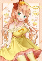  :d armband bare_shoulders border bow breasts candy_print chibana_sora clothes_lift collarbone commentary_request commission dress dress_bow dress_lift dutch_angle finger_to_mouth food food_print frilled_armband frills green_eyes hair_ornament hair_spread_out hairclip head_bow head_tilt highres holding holding_own_dress honeycomb_(pattern) honeycomb_print indie_virtual_youtuber kanmi_hachimitsu large_breasts layered_dress long_hair looking_at_viewer off-shoulder_dress off_shoulder open_mouth orange_border orange_hair orange_ribbon pancake pancake_stack polka_dot polka_dot_background red_bow ribbon sidelocks skeb_commission sleeveless sleeveless_dress smile sparkle_print thank_you thigh-highs translation_request white_background x_hair_ornament yellow_armband yellow_dress yellow_thighhighs zettai_ryouiki 