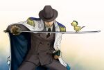 1boy animal bird bogard_(one_piece) closed_mouth covered_eyes holding holding_sword holding_weapon necktie one_piece shino_(o10) solo solo_focus sword uniform weapon
