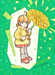  1girl ahoge artist_name black_eyes brown_hair child closed_mouth commentary_request dandelion dated flower green_background holding holding_flower jacket looking_at_viewer medium_hair notice_lines original oversized_flower paper_cutout_(medium) papercraft_(medium) red_shoes red_skirt shoes skirt smile socks solo standing traditional_media unconventional_media white_socks yellow_flower yellow_jacket zpihr6jprso2r2l 