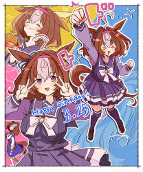  >_< 1girl @_@ ahoge animal_ears arm_up blue_dress blush bow bowtie breasts brown_hair burger clenched_hands closed_eyes closed_mouth commentary_request domdam80 double-parted_bangs double_v dress ear_ribbon eating food gloves hair_between_eyes hairband happy_birthday headband holding holding_burger holding_food horse_ears horse_girl horse_tail large_breasts long_sleeves medium_hair meisho_doto_(turbulent_blue)_(umamusume) meisho_doto_(umamusume) multicolored_hair multiple_girls multiple_views open_mouth pantyhose pink_hairband pink_headband pleated_skirt purple_sailor_collar purple_serafuku purple_shirt purple_skirt purple_thighhighs sailor_collar sailor_shirt school_uniform serafuku shirt short_hair skirt smile tail thigh-highs tracen_school_uniform two-tone_hair umamusume v violet_eyes white_bow white_bowtie white_gloves white_hair white_pantyhose white_shirt 