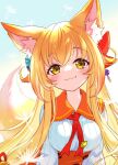  1girl :3 animal_ear_fluff animal_ears blonde_hair buttons dandelion_seed double-breasted fang fox_ears fox_girl fox_tail hair_ornament hisana light_blush long_hair long_sleeves looking_at_viewer original red_ribbon ribbon sailor_collar shirt smile solo tail upper_body very_long_hair white_shirt yellow_eyes 