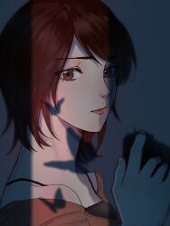  1girl amakura_mio bare_shoulders black_camisole brown_eyes brown_hair brown_shirt bug butterfly camera camisole closed_mouth commentary fatal_frame fatal_frame_ii:_crimson_butterfly fingernails from_side gradient_background grey_background hand_up highres holding holding_camera looking_at_viewer looking_to_the_side off-shoulder_shirt off_shoulder portrait shade shadow shirt short_hair solo untranslatable_commentary yukiame 