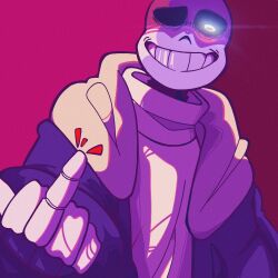  1:1 1boy 2023 2d ben-day_dots blue_jacket digital_media glowing glowing_eye grey_hood highres hollow_eyes hood hood_down hooded_jacket jacket long_sleeves looking_at_viewer male middle_finger onerudegentlman open_clothes open_jacket red_background sans_(undertale) screentones simple_background solo sweater undertale upper_body utdr_(toby_fox) white_eyes white_sweater 