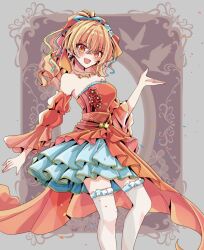  1girl bare_shoulders blonde_hair breasts chest_tattoo commentary_request detached_sleeves dress drill_hair feet_out_of_frame frills genshin_impact hair_ribbon jewelry looking_at_viewer medium_breasts medium_hair necklace official_alternate_costume open_hand open_mouth orange_dress orange_eyes orange_sleeves ponytail ribbon smile solo strapless strapless_dress tattoo yoimiya_(genshin_impact) yoimiya_(resplendent_feast)_(genshin_impact) yuyu_(spika) 