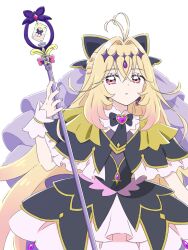  1girl antenna_hair black_bow black_bowtie black_capelet black_dress blonde_hair bow bowtie braid brooch capelet commentary cowboy_shot crown_braid cure_arcana_shadow diamond_hairband dress earrings frilled_capelet frilled_cuffs frilled_dress frills gradient_hair hair_bow hair_intakes heart heart_brooch holding holding_staff jewelry layered_dress long_hair looking_at_viewer magical_girl meitantei_precure! moria_luluka multicolored_hair parted_lips pink_eyes precure purple_veil short_dress simple_background solo staff standing tear_arcana_rod veil very_long_hair weyweywey white_background 