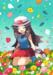  1girl anidler91 blue_shirt blue_socks brown_hair closed_eyes commentary field flower flower_field hat highres leaf_(pokemon) long_hair open_mouth pokemon pokemon_firered_and_leafgreen red_skirt seiza shirt shoes sitting skirt sleeveless sleeveless_shirt socks solo untranslatable_commentary watermark white_hat wristband 