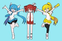  3girls :d akita_neru arms_at_sides baumkuchen_endroll_(vocaloid) bike_shorts black_shorts black_thighhighs blonde_hair blue_background blue_eyes blue_hair blue_necktie blue_skirt collared_shirt commentary drill_hair fork full_body hair_ornament hatsune_miku high_side_ponytail highres holding holding_fork holding_megaphone kasane_teto long_hair megaphone miniskirt mismatched_pupils multiple_girls necktie open_mouth outstretched_arms pleated_skirt red_eyes red_hair red_necktie red_skirt ribbon sharp_teeth shirt shoes short_sleeves shorts side_ponytail simple_background skirt smile spread_arms standing standing_on_one_leg teeth thigh-highs tie_clip twin_drills twintails untranslatable_commentary untucked_shirt very_long_hair vocaloid white_shirt white_shoes wing_hair_ornament yagidon yellow_eyes yellow_necktie yellow_skirt 