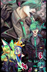  1boy 1girl arrow_(symbol) bag bags_under_eyes beard_stubble belt black_jacket black_pants character_and_genderswap collared_shirt commentary_request facial_hair green_eyes green_nails green_necktie grey_shirt hair_between_eyes hair_over_one_eye hatsune_miku highres holding holding_bag jacket lapels long_hair looking_to_the_side miku-oji multiple_views n6uirf2rno46247 nail_polish necktie notched_lapels one_eye_covered open_mouth pants parted_bangs shirt shoulder_tattoo sideways_glance sleeveless sleeveless_shirt smoking stubble tattoo tongue tongue_out triangle_mouth twintails vocaloid white_shirt wing_collar 