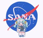  1girl aqua_hair astronaut blunt_bangs blush_stickers chibi flower futaba_sana green_eyes hair_flower hair_ornament helmet highres holding holding_helmet logo_parody magia_record:_mahou_shoujo_madoka_magica_gaiden mahou_shoujo_madoka_magica medium_hair nasa_logo no_nose open_mouth sidelocks simple_background solo space_helmet standing sweat takenoko_mgrc twintails wavy_hair wavy_mouth white_background yellow_flower 