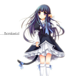  1girl black_dress blue_hair blue_ribbon blunt_bangs cat_tail character_name closed_mouth commentary dot_mouth dot_nose dress feet_out_of_frame floating_hair frederica_bernkastel frilled_dress frilled_sleeves frills hand_up kneehighs layered_dress layered_sleeves light_blush long_hair long_sleeves looking_to_the_side puffy_short_sleeves puffy_sleeves ribbon short_sleeves simple_background socks solo standing tail tail_ornament tail_ribbon umineko_no_naku_koro_ni vienri violet_eyes white_background white_dress white_socks wind witch 