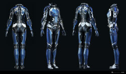  3d armor armored_bodysuit ass black_bodysuit blender_(medium) blue_armor blue_bodysuit blue_gloves bodysuit commentary company_logo company_name copyright_logo copyright_name dark_background dated english_commentary eve_online from_behind from_side full_body gloves grey_background highres logo marmoset_toolbag_(medium) multicolored_bodysuit multiple_views no_humans official_art realistic science_fiction undoz zbrush_(medium) 
