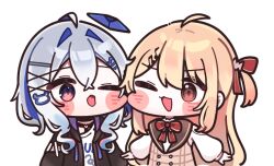  2girls ahoge alternate_hair_length_(shorter) amane_kanata amane_kanata_(cutesy_punk) arms_at_sides bear_hair_ornament black_jacket blonde_hair blue_hair blue_halo blush_stickers bow bowtie brown_dress brown_eyes brown_sailor_collar buttons cheek-to-cheek chibi chibi_only colored_inner_hair commentary double-breasted double-parted_bangs dress eye_contact grey_hair hair_between_eyes hair_ornament hair_ribbon hairclip halo harness heads_together hololive hololive_dev_is jacket long_hair long_sidelocks looking_at_another medium_hair mming_(mmingis18) multicolored_hair multiple_girls musical_note musical_note_hair_ornament o-ring o-ring_harness official_alternate_costume official_alternate_hairstyle one_side_up otonose_kanade otonose_kanade_(1st_costume) pinafore_dress pink_streaks plaid_clothes plaid_dress red_bow red_bowtie red_ribbon ribbon sailor_collar sailor_dress shirt sidelocks simple_background sleeveless sleeveless_dress streaked_hair untranslatable_commentary violet_eyes virtual_youtuber wavy_hair white_background white_shirt x_hair_ornament 