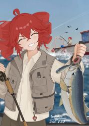 1girl ^_^ absurdres ahoge artist_name bird blush boat breast_pocket brown_vest buttons character_charm charm_(object) clear_sky closed_eyes commentary dated drill_hair english_commentary facing_viewer fish fishing fishing_gear fishing_line fishing_lure fishing_rod highres holding holding_fishing_rod kasane_teto leutchaft lifebuoy multiple_views ocean on_boat open_mouth outdoors pocket red_hair shirt sky smile solo splashing swim_ring tongue tongue_out twin_drills utau vest watercraft white_shirt 
