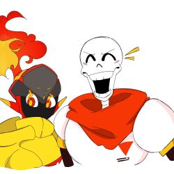  1:1 1boy 2023 2d ^o^ armarouge armor cape closed_eyes commentary cropped_torso crossover digital_media duo english_commentary flaming_eyes highres humanoid male monster monster_boy no_mouth notice_lines onerudegentlman open_mouth orange_pupils papyrus_(undertale) pokemon pokemon_(creature) red_cape red_eyes simple_background skeleton teeth undead undertale utdr_(toby_fox) white_armor white_background 