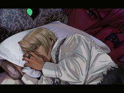  1boy ace_attorney alternate_costume amikoiiko apollo_justice:_ace_attorney bed bed_sheet blonde_hair blue_eyes chain chain_necklace collared_shirt dark-skinned_male dark_skin drill_hair earrings fur_blanket headboard heart-shaped_hole highres initial jewelry klavier_gavin long_sleeves loose_clothes loose_shirt lying middle_ring mismatched_eyebrows necklace on_bed on_side open_collar ornate_pattern pillow popped_collar shirt side_drill simple_background single_earring solo under_covers upper_body white_shirt zoom_layer 