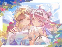  2girls a0_(xiaohongshu) absurdres artist_collaboration artist_request asymmetrical_gloves bare_shoulders blue_hair breasts closed_mouth colored_inner_hair denia_(wuthering_waves) fingerless_gloves gloves green_eyes hair_intakes hair_ornament highres hug long_hair looking_at_viewer making-of_available medium_breasts missing_commentary multicolored_hair multiple_girls one_eye_closed orange_hair pink_hair red_gloves sigrika_(wuthering_waves) smile uneven_gloves veil violet_eyes white_gloves white_veil wuthering_waves 