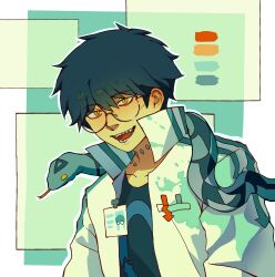  1boy arrow_(symbol) chaojufei character_request chinese_commentary forked_tongue highres hijinrui_gakuen lab_coat open_mouth sharp_teeth short_hair slit_pupils snake solo teeth tongue 