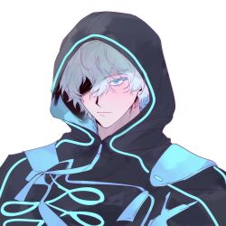  1boy blue_eyes colored_eyelashes elio_(honkai:_star_rail) expressionless glowing hair_between_eyes hakuzumu highres honkai:_star_rail honkai_(series) hood hoodie jacket male_focus multicolored_jacket neon_trim partially_shaded_face short_hair simple_background two-tone_jacket upper_body white_background white_hair 