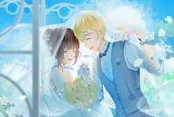  1boy 1girl ^_^ arch bare_shoulders blonde_hair blue_bow blue_bowtie blue_pants blue_sky blue_vest blunt_bangs bouquet boutonniere bow bowtie bracelet breast_pocket bridal_veil bride brown_hair buttons closed_eyes clouds commentary_request couple cowboy_shot crossed_bangs daisy_(flower) day dress elbow_gloves eyelashes falling_petals fishnet_veil flower garden gloves groom hair_between_eyes hair_bun hair_flower hair_ornament happy hetero highres holding holding_bouquet holding_hands husband_and_wife interlocked_fingers jewelry lace-trimmed_gloves lace-trimmed_veil lace_trim long_sleeves love_and_producer miqing multiple_rings open_mouth outdoors pants petals pocket pointy_nose protagonist_(love_and_producer) ring rose rose_petals shared_veil shirt short_hair single_hair_bun sky sleeve_cuffs smile standing strapless strapless_dress suit_pants teeth three-quarter_sleeves traditional_bowtie updo upper_teeth_only v-neck veil vest wedding wedding_dress white_dress white_flower white_gloves white_rose white_shirt white_veil yellow_flower yellow_rose zhou_quiluo 