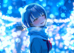  1girl absurdres blue_background blue_eyes blue_hair blurry blurry_background blush breath bright_background brown_serafuku colored_eyelashes commentary_request dot_nose facing_to_the_side glowing half-closed_eyes head_tilt highres kiritani_haruka looking_at_viewer neckerchief neu_33 open_mouth parted_lips project_sekai red_neckerchief ribbon sailor sailor_collar scarf school_uniform serafuku short_hair smile solo standing white_sailor_collar white_scarf 