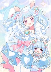  1girl :d absurdres animal_ears blue_dress blue_hair blunt_bangs blush bow character_request commentary_request commission copyright_request cowboy_shot dress elbow_gloves english_commentary gloves hair_ornament hand_up heart heart_hair_ornament highres long_hair looking_at_viewer mixed-language_commentary multiple_views open_mouth pink_bow pink_eyes pixelated short_dress short_sleeves skeb_commission smile sparkle twintails v waist_bow wataco_coco watermark white_gloves 