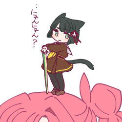  2girls animal_ears anyoji_hime blunt_bangs blunt_ends bob_cut brown_dress cat_ears cat_girl cat_tail closed_mouth commentary_request dress flower flower_knot frown full_body hair_flower hair_ornament hasu_no_sora_school_uniform holding kemonomimi_mode link!_like!_love_live! long_sleeves love_live! medium_dress mini_person_on_head momose_ginko multiple_girls neckerchief nyan out_of_frame pleated_dress sailor_collar sailor_dress school_uniform shinanoya_(satanicad) short_hair simple_background solo_focus standing tail translation_request virtual_youtuber white_background white_flower white_sailor_collar winter_uniform yellow_neckerchief 