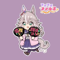  1girl :d animal_ears bow bowtie brown_shoes cardigan commentary_request ear_covers full_body green_eyes grey_hair hair_between_eyes hand_fan holding holding_fan horse_ears horse_girl horse_tail long_hair long_sleeves miyakoji_(plokmtamako) open_cardigan open_clothes open_mouth outline pink_cardigan pleated_skirt purple_background purple_shirt purple_skirt school_uniform shirt shoes simple_background single_ear_cover skirt smile solo tail tracen_school_uniform translation_request umamusume white_bow white_bowtie white_outline wonder_acute_(umamusume) 