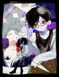  2boys antenna_hair bandage_over_one_eye bespectacled black_eyes black_hair black_tank_top chibi closed_mouth collarbone dual_persona glasses holding holding_knife hospital_gown knife long_sleeves multiple_boys omori omori_(omori) open_clothes open_shirt parted_bangs rectangular_eyewear red-framed_eyewear rou_(h_s_sinrin) semi-rimless_eyewear shirt short_hair sleeves_past_wrists spoilers sunny_(hospital_gown)_(omori) sunny_(omori) tank_top under-rim_eyewear white_shirt 
