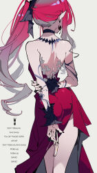  1girl absurdres arms_behind_back back back_focus baobhan_sith_(fate) bare_back bare_shoulders black_border black_bow black_nails border bow choker commentary_request cowboy_shot dress earrings english_text fate/grand_order fate_(series) glasses hair_bow hand_on_own_arm highres holding holding_removed_eyewear jewelry long_hair nail_polish pink_hair pointy_ears ponytail ragnal red_dress side_slit simple_background solo standing unworn_eyewear white_background 