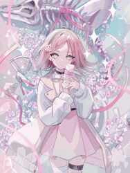  1girl bandage_on_thigh black_choker blurry blurry_background buttons cardigan choker closed_mouth collar collared_shirt commentary_request diamond-shaped_pupils diamond_(shape) dot_nose fish_skeleton floral_print flower hair_flower hair_ornament highres holding holding_letter letter long_ribbon long_sleeves looking_at_viewer nanamiya_ten neck_ribbon open_cardigan open_clothes original own_hands_together pink_flower pink_hair pink_ribbon pink_skirt ribbon ringed_eyes shirt short_hair shovel skirt solo sparkle_print standing symbol-shaped_pupils thigh_strap too_many_flowers white_cardigan white_collar white_shirt yellow_eyes 