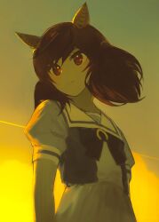  1girl absurdres animal_ears bow bowtie brown_eyes brown_hair closed_mouth clouds cloudy_sky commentary_request day ear_covers from_below hair_between_eyes highres horse_ears horse_girl horseshoe_ornament nice_nature_(umamusume) orange_sky pleated_skirt puffy_short_sleeves puffy_sleeves purple_bow purple_bowtie sailor_collar sailor_shirt school_uniform shirt short_sleeves skirt sky solo tracen_school_uniform twintails umamusume usagi_(wtmh) white_sailor_collar white_skirt 